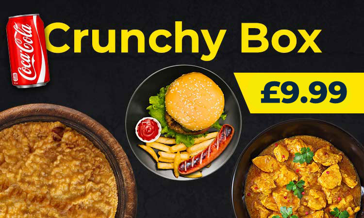 Crunchy Box meal deal featuring a burger with fries, curry dishes, and a Coca-Cola can available for £9.99 